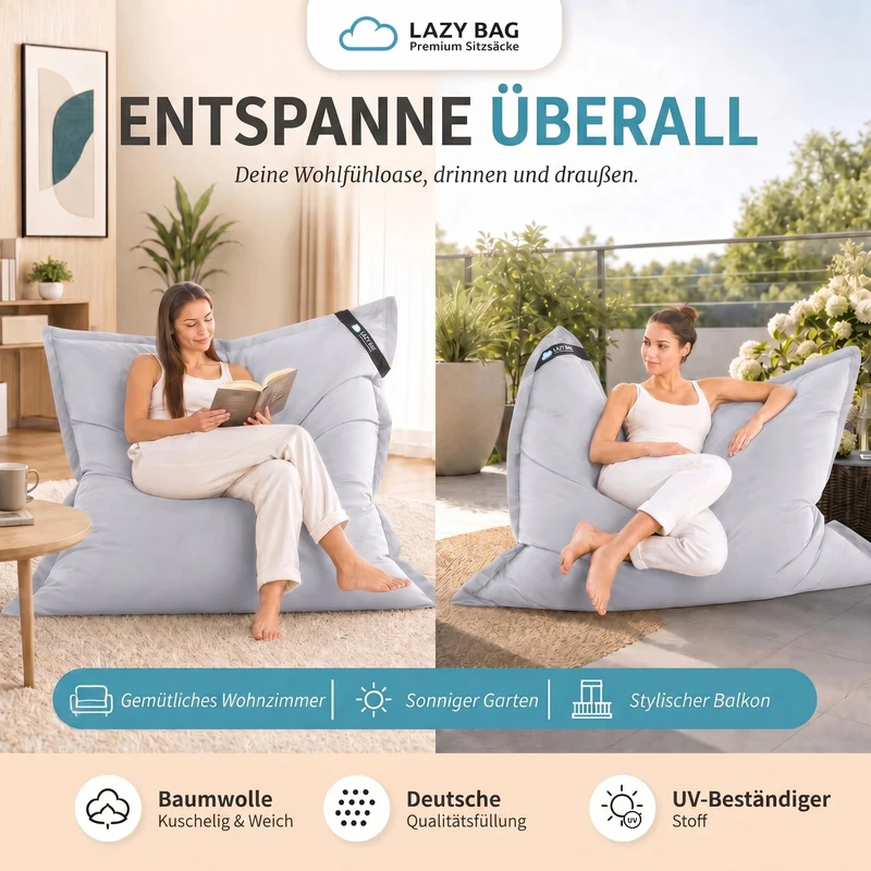 LazyBag XXL Sitzsack 180x140 cm aus Baumwolle – 360L Komfort