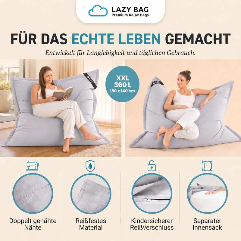 LazyBag XXL Sitzsack 180x140 cm aus Baumwolle – 360L Komfort
