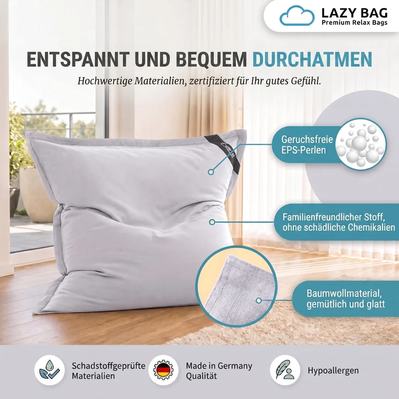LazyBag XXL Sitzsack 180x140 cm aus Baumwolle – 360L Komfort