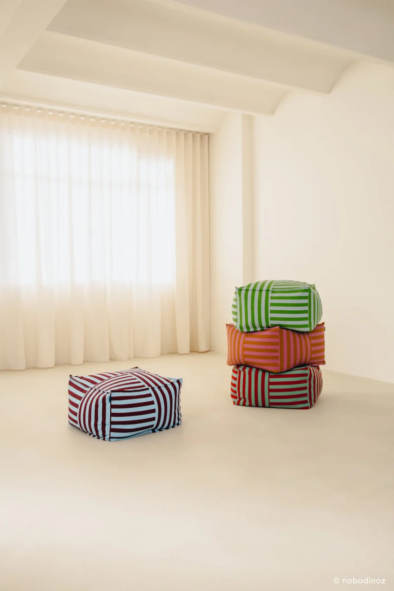 Pouf ottoman carré en coton rayures vert et bleu 55 x 55 x 35cm Otto - Nobodinoz
