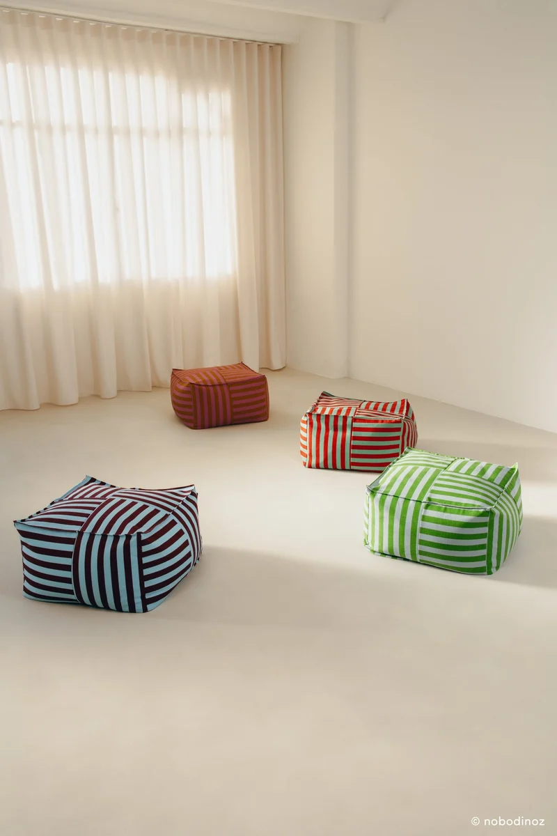 Pouf ottoman carré en coton rayures vert et bleu 55 x 55 x 35cm Otto - Nobodinoz