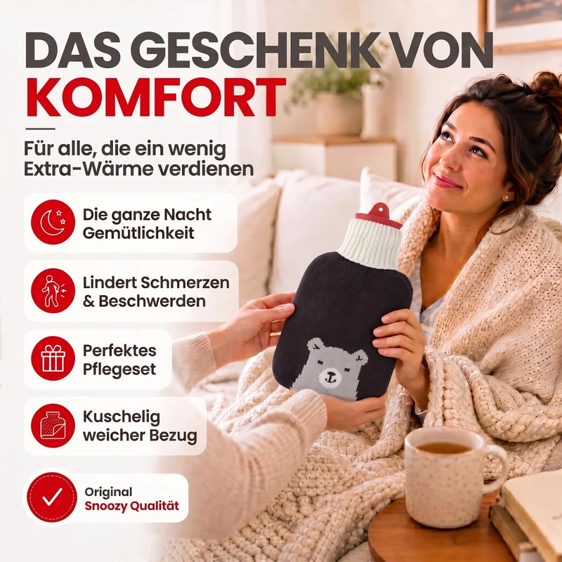Snoozy 2L Wärmflasche mit flauschigem Hund-Bezug - Kuschelig & Warm