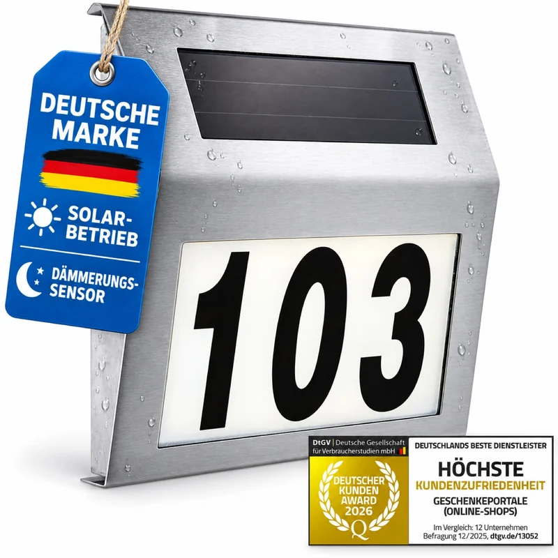 Solar Hausnummer LED Edelstahl mit Dämmerungssensor & IP44 Schutz