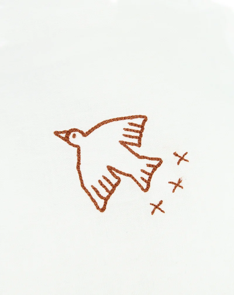 Cloud cushion in washed French linen - Bird embroidery - L1N0