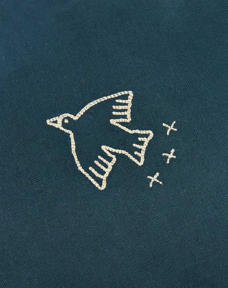 Cloud cushion in washed French linen - Bird embroidery - L1N0