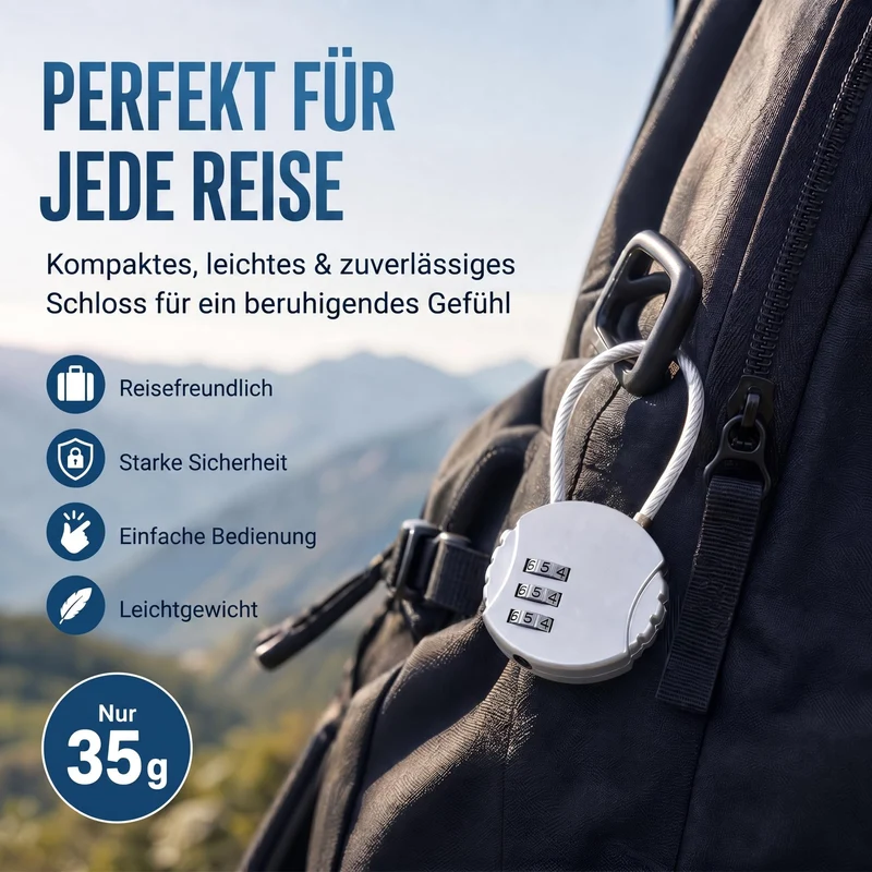 Zahlenschloss mit Stahlseil - Wetterfestes Kofferschloss für Reisen
