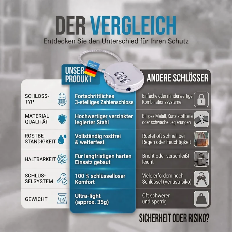 Zahlenschloss mit Stahlseil - Wetterfestes Kofferschloss für Reisen