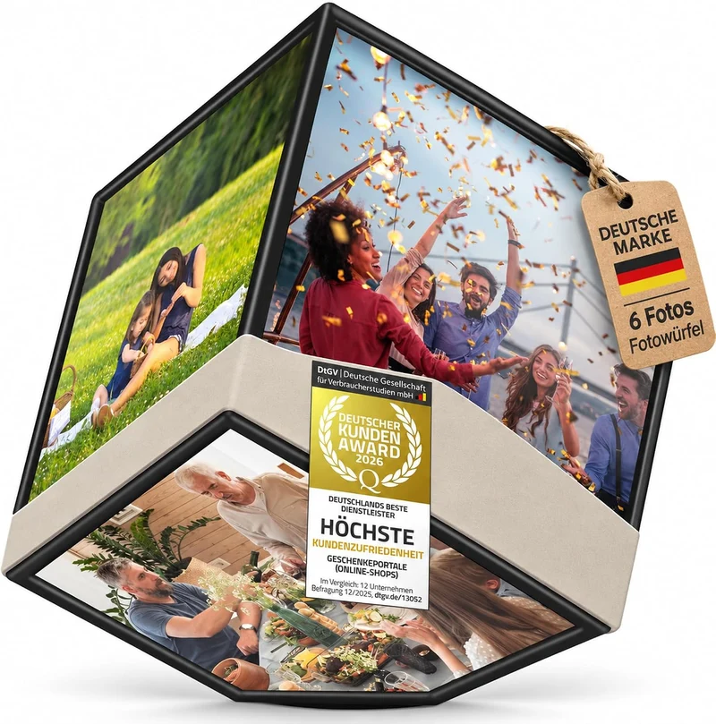 Selbstdrehender Fotowürfel – Bilderrahmen für 6 Fotos (10x10cm)