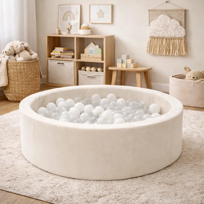 Bällebad rund in Beige 90 x 30 cm, mit 200 weiß/transparenten Bällen