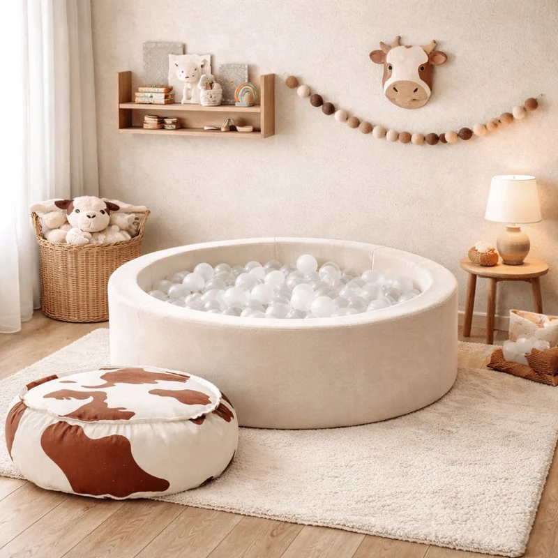 Bällebad rund in Beige 90 x 30 cm, mit 200 weiß/transparenten Bällen