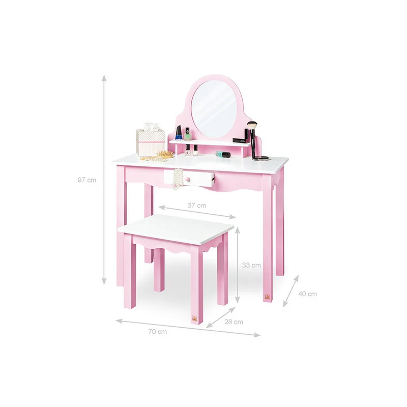 Kinder Schminktisch Rosa & Weiß, mit Spiegel & Hocker