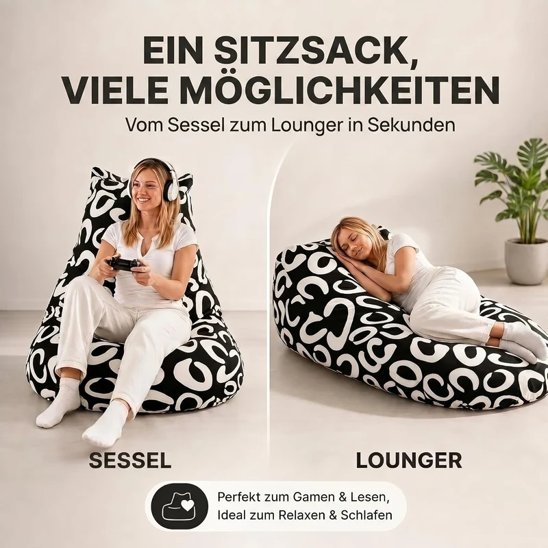 SMOOTHY Sitzsack XXL – Beany Lounge Chair für Erwachsene – Schwarz