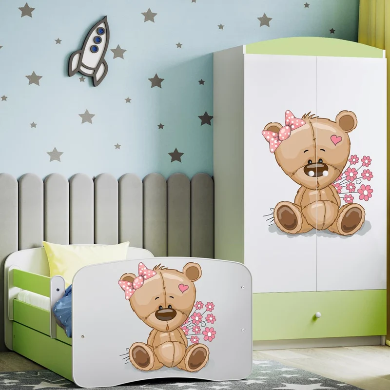 Kleiderschrank für Kinder Sweetdreams, Teddybär mit Blumen Motiv