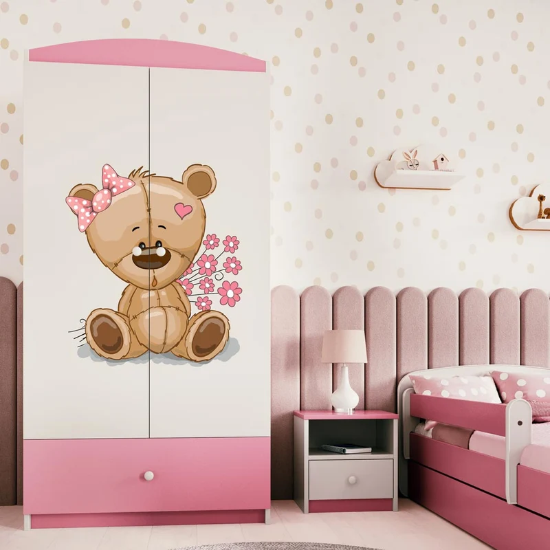 Kleiderschrank für Kinder Sweetdreams, Teddybär mit Blumen Motiv