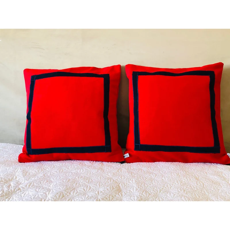 Red Blue Trim Pillows, Sofa Throw Pillows, Red Throw Pillows, 18x18