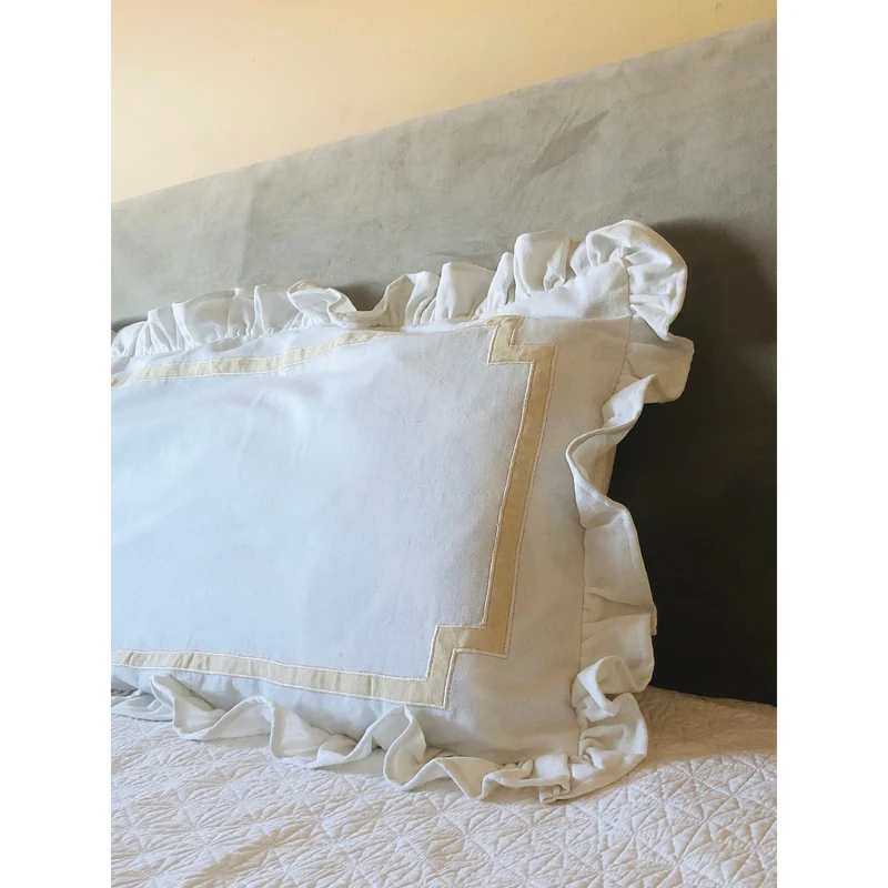 Vintage White Lumbar Ruffle Pillow Covers, Ruffle Lumbar Monogram Throw Pillow Covers