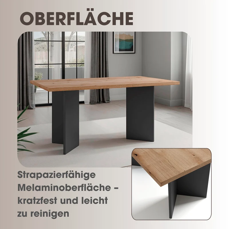 Tisch MARTEN / Tischplatte in Evoke Eiche - Optik, Gestell in anthrazit / stabile Konstruktion, bis 6 Personen / Esstisch / Küchentisch / Maße: 138 x 90, H 75,5 cm oder 160 x 90, H 75,5 cm