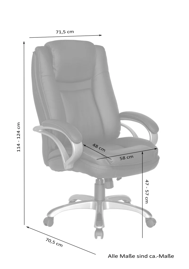 Chefsessel BRUNO-XXL/ bis 150 kg belastbar /Kunststoff anthrazit/ Wippmechanik mit Härtegradeinstellung/ Höhenverstellung/ Gebremste Sicherheitsrollen/ B 71,5 H 114-124 T 70,5 cm