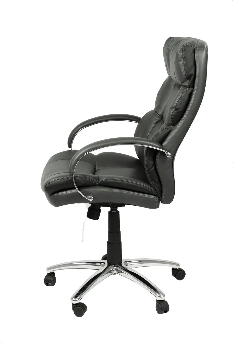 Chefsessel Paul-XXL/ bis 150 kg belastbar /Federkern-Sitz /Gestell Metall verchromt /Armlehnen gepolstert/Bezug Kunstleder dunkelgrau /Absatz schwarz /B 64, H 108-118, T 72 cm