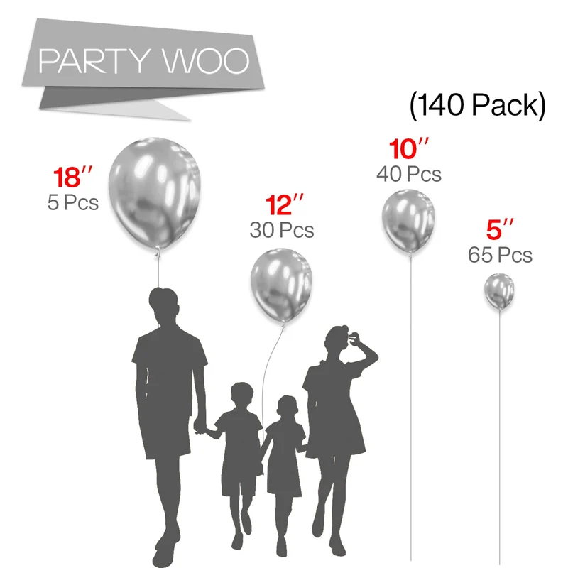 PartyWoo Black Balloons, 140 pcs Matte Black Balloons Different Sizes Pack of 5-18 Inch