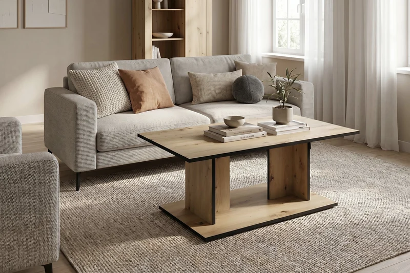 byLIVING Couchtisch TOM, 110 x 60, H 40 cm, Eiche-Optik oder Weiß, schwarze Kanten, Wohnzimmertisch rechteckig mit Ablage, Doppelsäulen-Design, pflegeleichte Melaminoberfläche