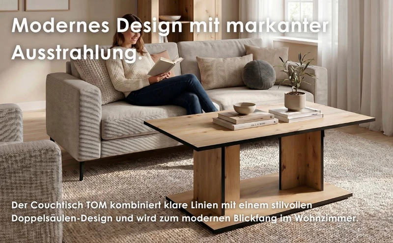 byLIVING Couchtisch TOM, 110 x 60, H 40 cm, Eiche-Optik oder Weiß, schwarze Kanten, Wohnzimmertisch rechteckig mit Ablage, Doppelsäulen-Design, pflegeleichte Melaminoberfläche