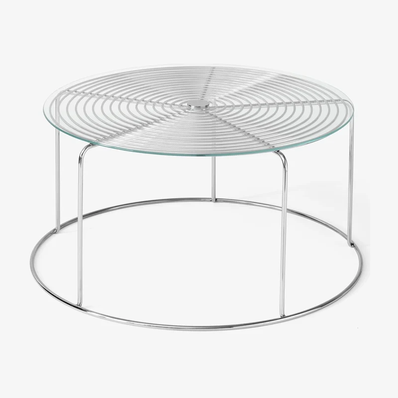 Table basse ronde en verre et acier poli miroir argenté 74x74x36cm Wire VP17 - &tradition