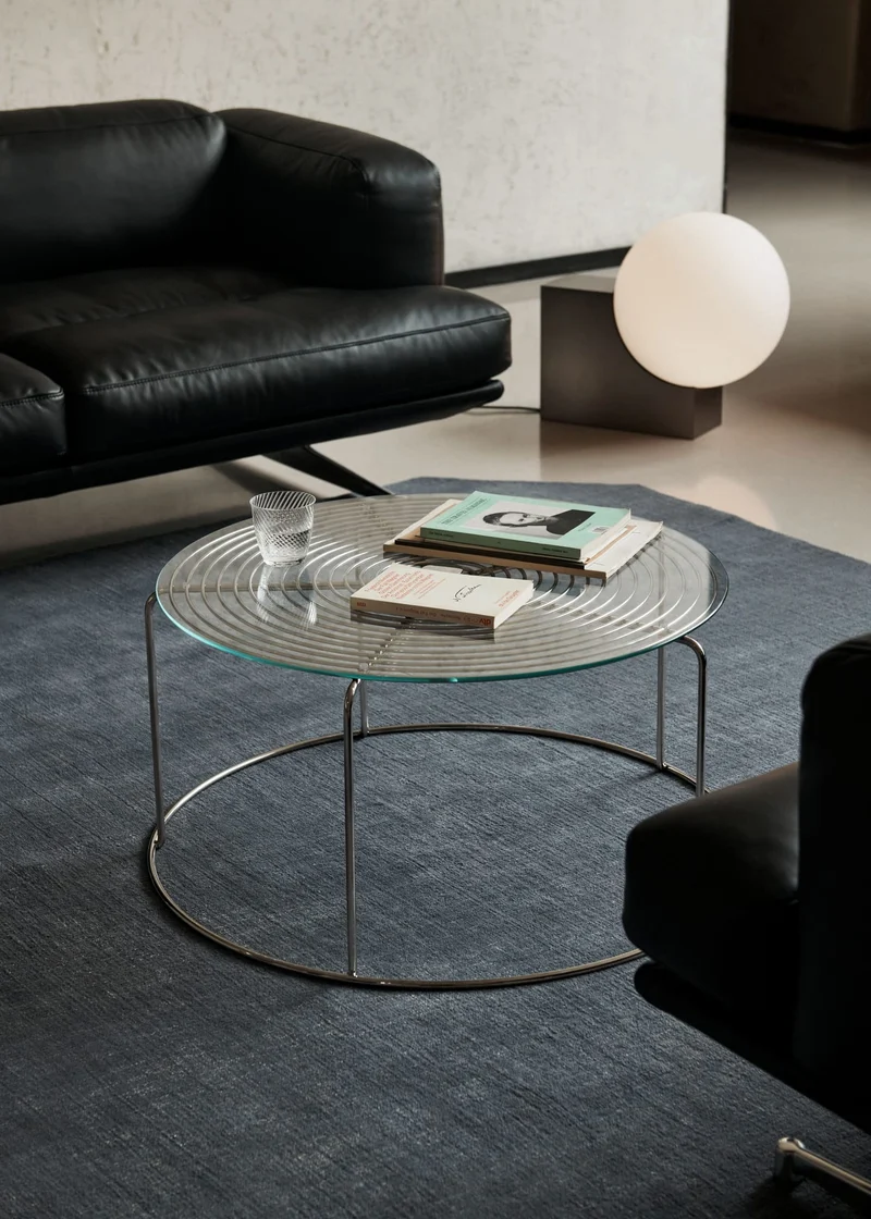 Table basse ronde en verre et acier poli miroir argenté 74x74x36cm Wire VP17 - &tradition