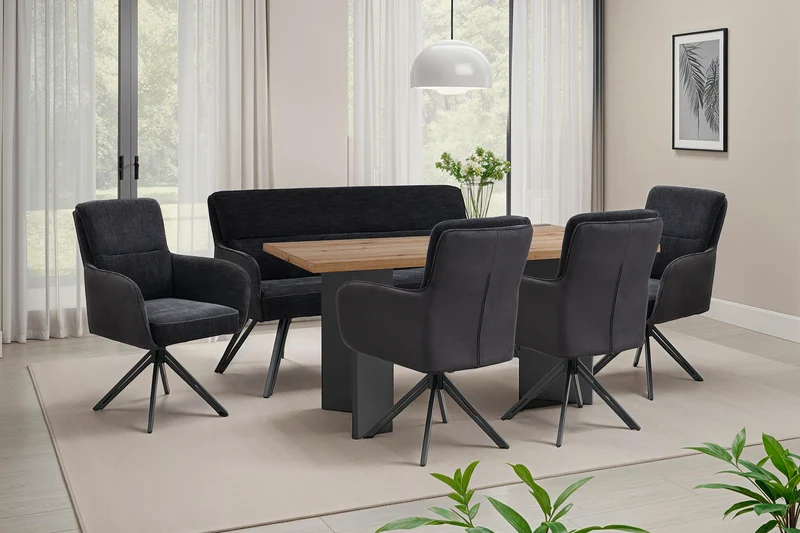 Stuhl 2-er Set TINO / Bezug Webstoff-Mikrofaser in schwarz oder hellgrau, Gestell in schwarz / 360° drehbar / Esszimmerstuhl / Küchenstuhl / B 62 x H 94 x T 70 cm
