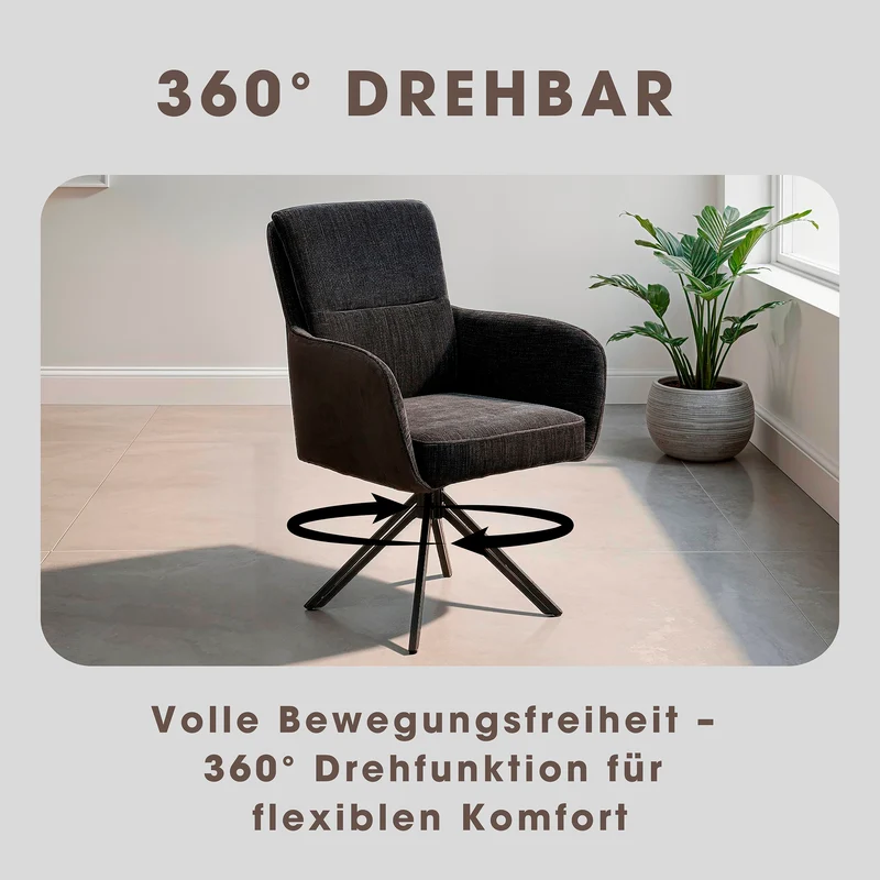 Stuhl 2-er Set TINO / Bezug Webstoff-Mikrofaser in schwarz oder hellgrau, Gestell in schwarz / 360° drehbar / Esszimmerstuhl / Küchenstuhl / B 62 x H 94 x T 70 cm