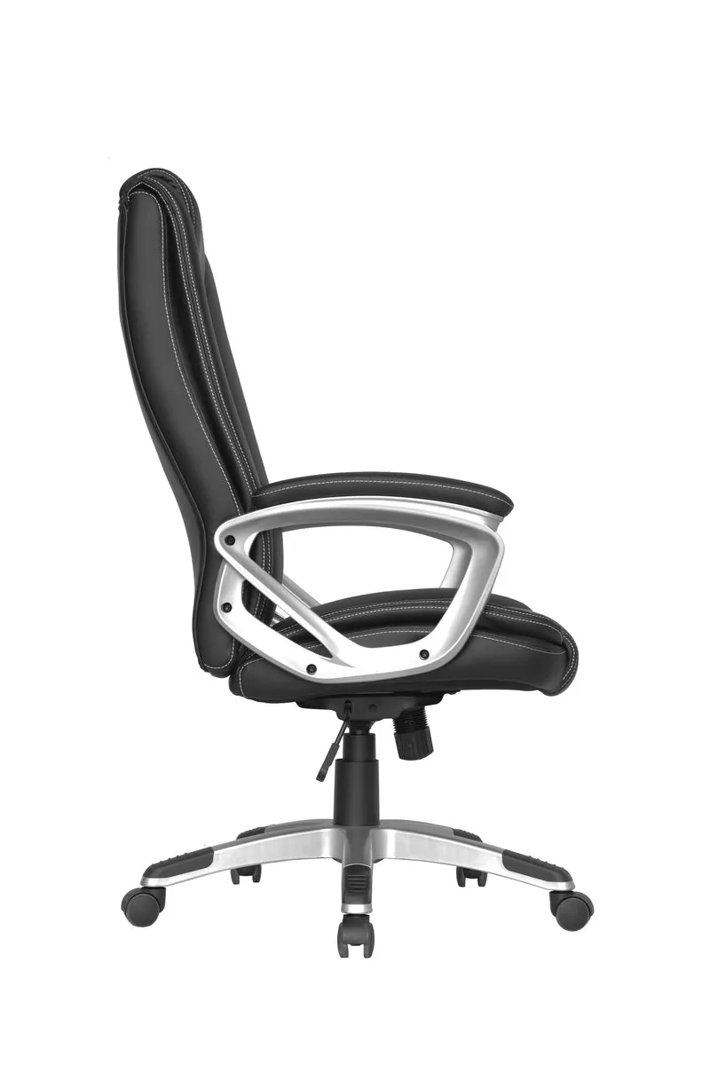 Chefsessel DEREK-XXL / Bezug Kunstleder schwarz/ Federkernpolsterung / Fußkreuz silber / Wippmechanik/ Sicherheitsklemmschutz/ gebremste Sicherheitsrollen, B 64, H 115,5-125, T 72,5