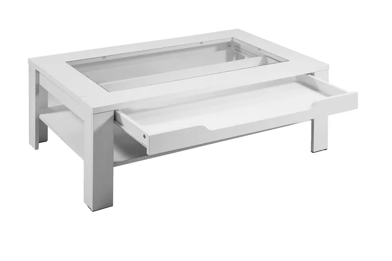 Couchtisch RALPH / moderner Sofatisch mit Glaseinlage und großzügiger Schublade in weiß, Artisan Eiche (Eiche-Optik) oder Old Wood (Altholz-Optik) / Beistelltisch mit viel Stauraum / B 110, H 43, T 67 cm