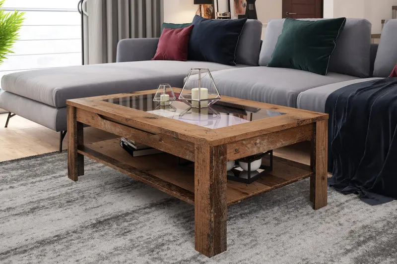 Couchtisch RALPH / moderner Sofatisch mit Glaseinlage und großzügiger Schublade in weiß, Artisan Eiche (Eiche-Optik) oder Old Wood (Altholz-Optik) / Beistelltisch mit viel Stauraum / B 110, H 43, T 67 cm