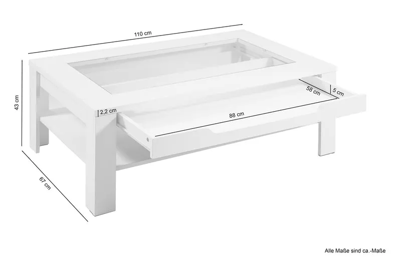 Couchtisch RALPH / moderner Sofatisch mit Glaseinlage und großzügiger Schublade in weiß, Artisan Eiche (Eiche-Optik) oder Old Wood (Altholz-Optik) / Beistelltisch mit viel Stauraum / B 110, H 43, T 67 cm