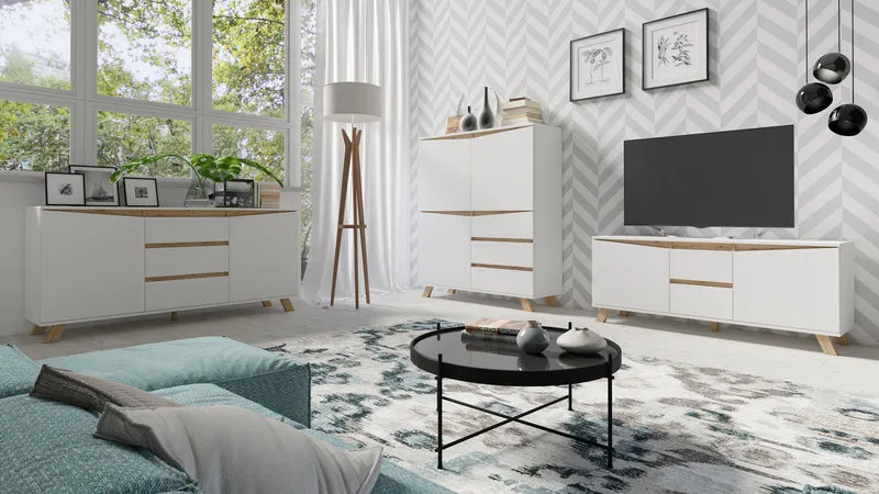 Highboard VALENTIN / Sideboard matt weiß oder anthrazit mit Absetzung in Eiche-Optik / Wohnzimmer-Schrank mit 3 Türen und 3 Schubkästen / Im Scandi-Style / Grifflos / B 120, H 137, T 38 cm