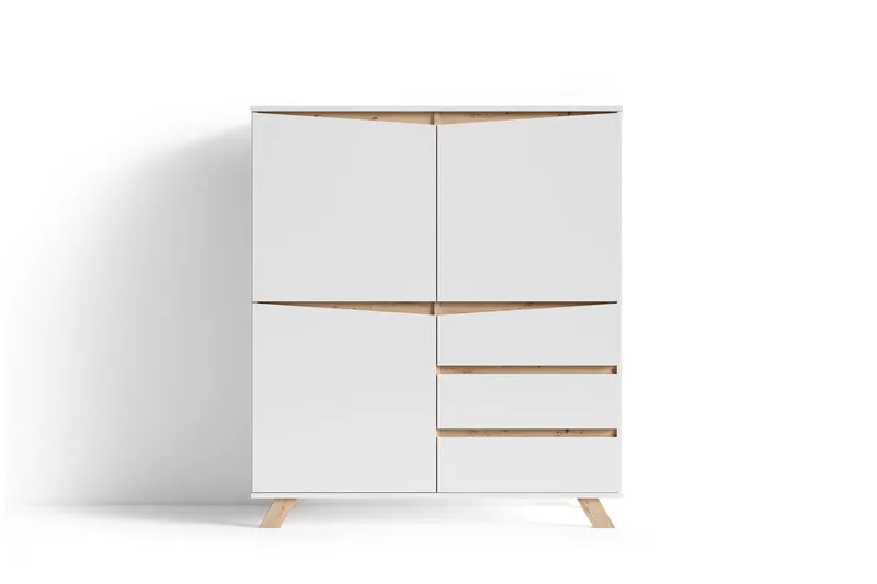 Highboard VALENTIN / Sideboard matt weiß oder anthrazit mit Absetzung in Eiche-Optik / Wohnzimmer-Schrank mit 3 Türen und 3 Schubkästen / Im Scandi-Style / Grifflos / B 120, H 137, T 38 cm