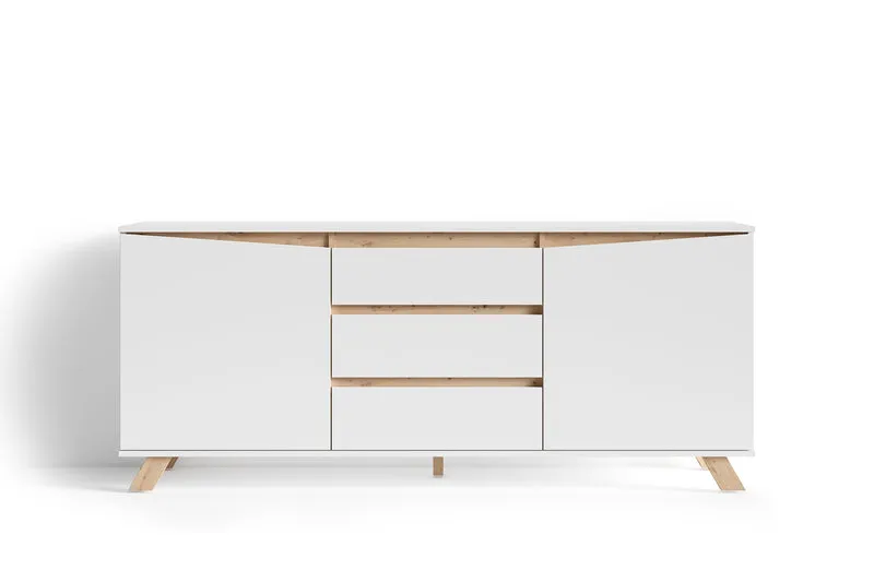 Sideboard VALENTIN / Kommode matt weiß oder anthrazit mit Absetzung in Eiche-Optik / Schrank mit 2 Türen und 3 Schubkästen / Im Scandi-Style / Grifflos / B 180, H 80, T 38 cm