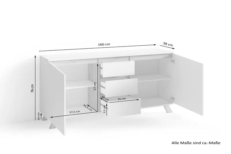 Sideboard VALENTIN / Kommode matt weiß oder anthrazit mit Absetzung in Eiche-Optik / Schrank mit 2 Türen und 3 Schubkästen / Im Scandi-Style / Grifflos / B 160, H 80, T 38 cm