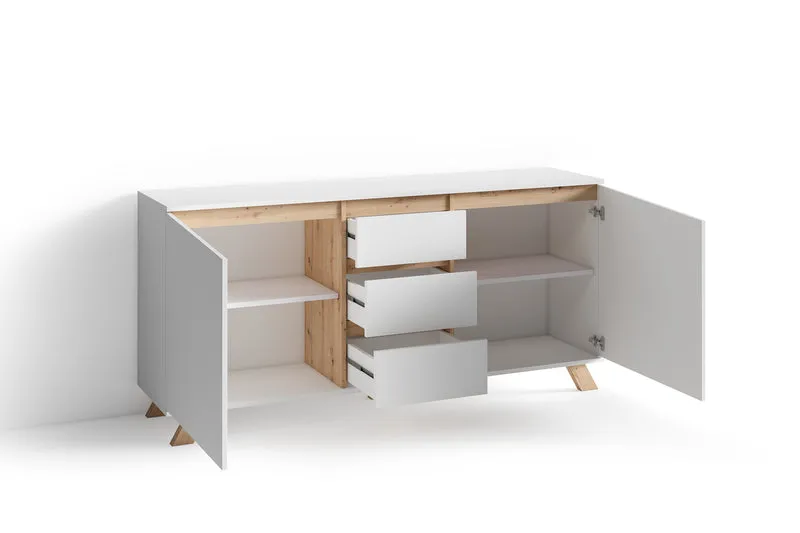 Sideboard VALENTIN / Kommode matt weiß oder anthrazit mit Absetzung in Eiche-Optik / Schrank mit 2 Türen und 3 Schubkästen / Im Scandi-Style / Grifflos / B 160, H 80, T 38 cm