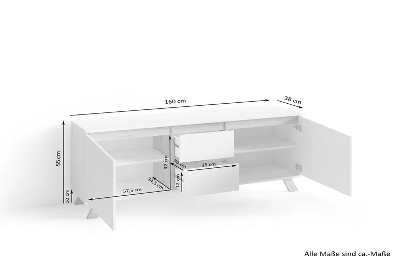 TV-Board VALENTIN / Lowboard matt weiß oder anthrazit mit Absetzung in Eiche-Optik / Fernsehtisch mit 2 Türen und 2 Schubkästen / Fernsehschrank im Scandi-Style / Grifflos / B 160, H 60, T 38 cm