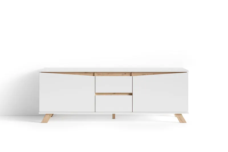 TV-Board VALENTIN / Lowboard matt weiß oder anthrazit mit Absetzung in Eiche-Optik / Fernsehtisch mit 2 Türen und 2 Schubkästen / Fernsehschrank im Scandi-Style / Grifflos / B 160, H 60, T 38 cm
