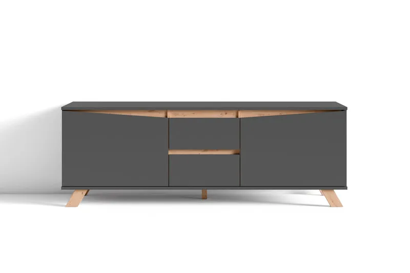 TV-Board VALENTIN / Lowboard matt weiß oder anthrazit mit Absetzung in Eiche-Optik / Fernsehtisch mit 2 Türen und 2 Schubkästen / Fernsehschrank im Scandi-Style / Grifflos / B 160, H 60, T 38 cm