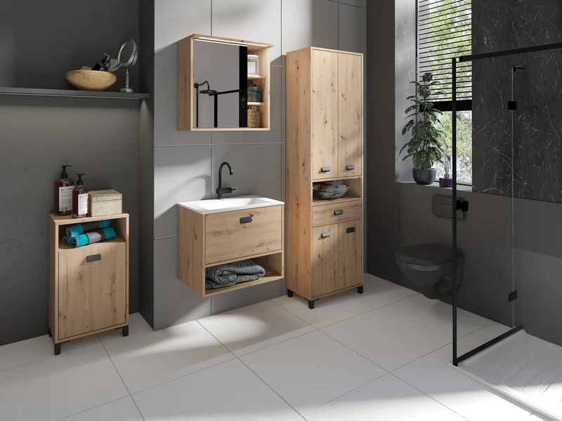 Badezimmer-Hochschrank WELLNESS in Artisan Eiche, Griffe aus Metall in schwarz / Badezimmerschrank 4 Türen mit offenen Elementen & viel Stauraum / B 54, H 193, T 31 cm
