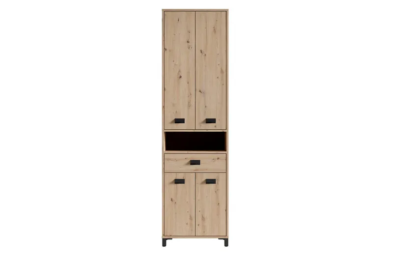 Badezimmer-Hochschrank WELLNESS in Artisan Eiche, Griffe aus Metall in schwarz / Badezimmerschrank 4 Türen mit offenen Elementen & viel Stauraum / B 54, H 193, T 31 cm
