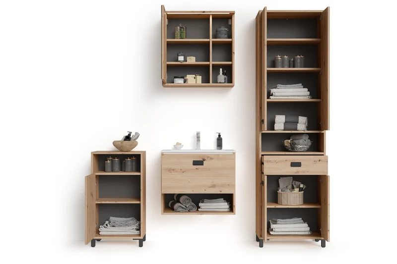 Badezimmer-Hochschrank WELLNESS in Artisan Eiche, Griffe aus Metall in schwarz / Badezimmerschrank 4 Türen mit offenen Elementen & viel Stauraum / B 54, H 193, T 31 cm