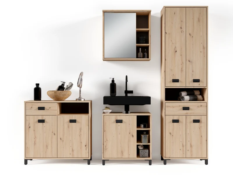 Badezimmer-Hochschrank WELLNESS in Artisan Eiche, Griffe aus Metall in schwarz / Badezimmerschrank 4 Türen mit offenen Elementen & viel Stauraum / B 54, H 193, T 31 cm