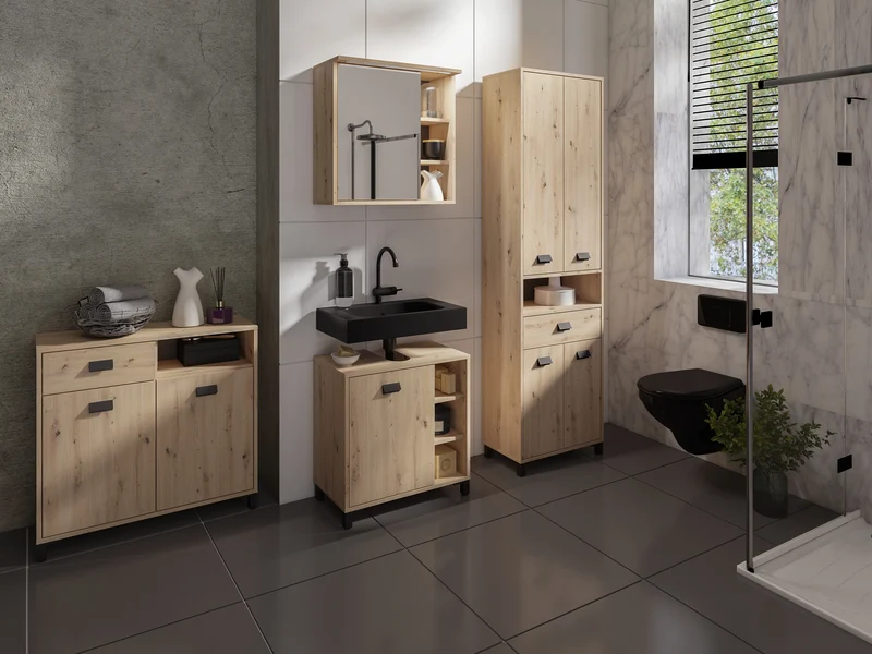 Badezimmer-Hochschrank WELLNESS in Artisan Eiche, Griffe aus Metall in schwarz / Badezimmerschrank 4 Türen mit offenen Elementen & viel Stauraum / B 54, H 193, T 31 cm