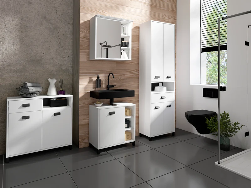 Badezimmer-Hochschrank WELLNESS in Artisan Eiche, Griffe aus Metall in schwarz / Badezimmerschrank 4 Türen mit offenen Elementen & viel Stauraum / B 54, H 193, T 31 cm