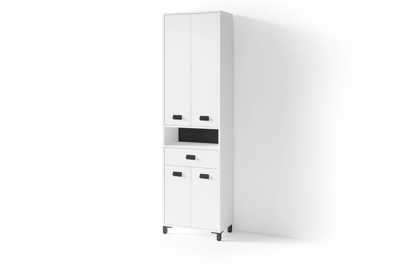 Badezimmer-Hochschrank WELLNESS in Artisan Eiche, Griffe aus Metall in schwarz / Badezimmerschrank 4 Türen mit offenen Elementen & viel Stauraum / B 54, H 193, T 31 cm