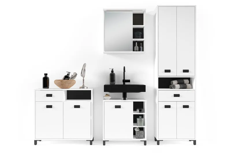 Badezimmer-Hochschrank WELLNESS in Artisan Eiche, Griffe aus Metall in schwarz / Badezimmerschrank 4 Türen mit offenen Elementen & viel Stauraum / B 54, H 193, T 31 cm